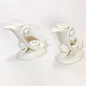 Pair Of Vintage Abingdon USA Pottery Cream Double Scroll Art Deco Candlesticks